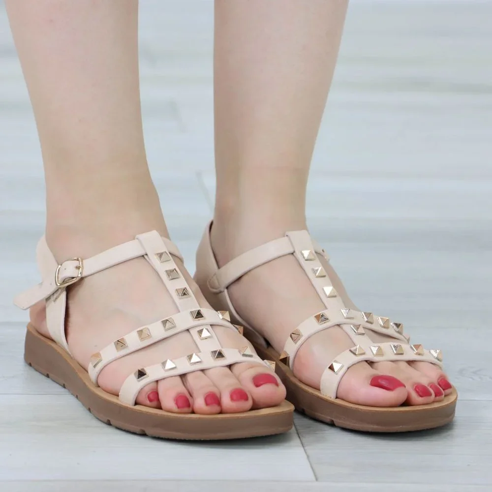 Nude Metal Stud Trendy Comfy Flat Gladiator Sandal Slip On Sliders - Picture 3 of 11